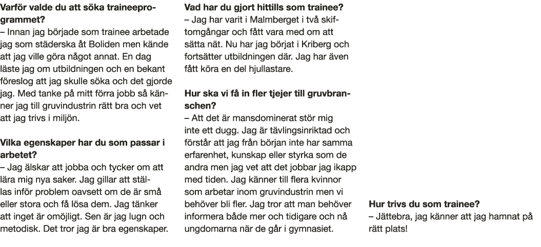 Varf r valde du att s ka traineeprogrammet    Innan jag b rjade som trainee arbetade jag som st derska  t Boliden men   