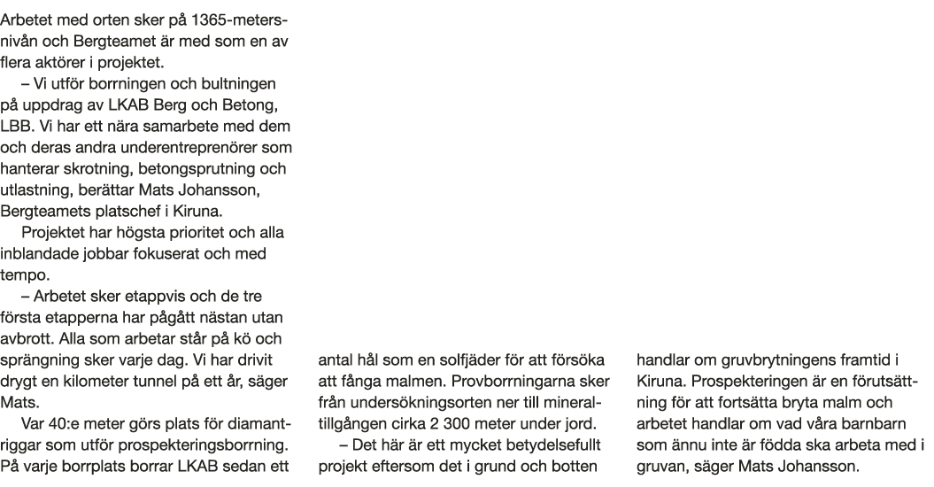 Arbetet med orten sker p  1365-metersniv n och Bergteamet  r med som en av flera akt rer i projektet    Vi utf r borr   