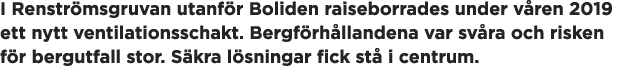 I Renstr msgruvan utanf r Boliden raiseborrades under v ren 2019 ett nytt ventilationsschakt  Bergf rh llandena var s   