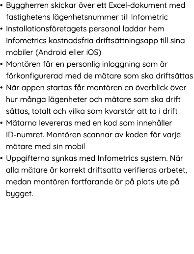   Byggherren skickar  ver ett Excel-dokument med  fastighetens l genhetsnummer till Infometric   Installationsf retag   